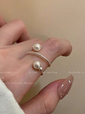 Silver Faux Pearl Ring Double Band Spinner Ring Minimalist Ring Size 4.5